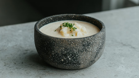 Creamy potato soup in a rustic ceramic bowlの素材