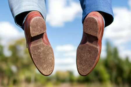 Close-up view of a person's feet wearing casual shoesの素材