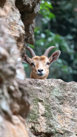 curious mountain goat peeking out from behind rockの素材