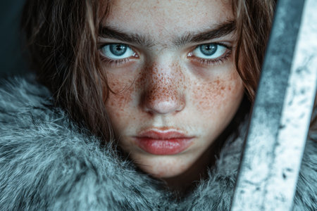 Intense gaze of a young woman with freckles and piercing blue eyesの素材