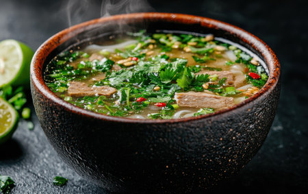 Steaming hot bowl of vietnamese pho soup with beef and fresh herbsの素材