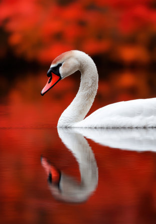 Elegant swan on crimson watersの素材