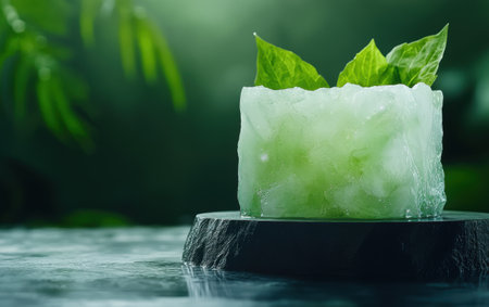 refreshing ice cube with green leavesの素材