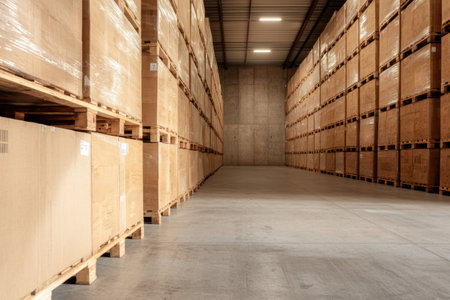 Warehouse storage interior with stacked cardboard boxesの素材