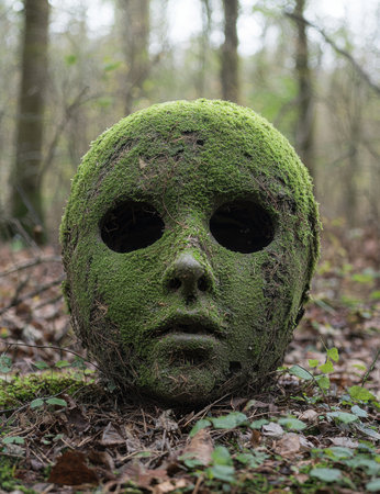Mysterious moss-covered face in the forestの素材