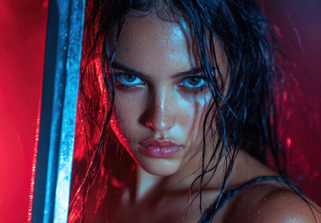 Dramatic portrait of a woman with wet hair and intense expressionの素材