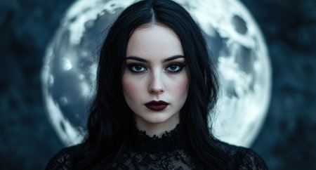 Mysterious woman with dark hair and intense gazeの素材