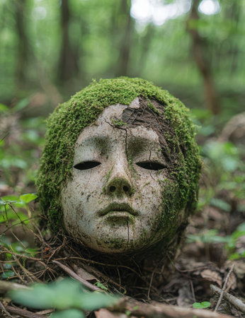 Weathered moss-covered face in the forestの素材