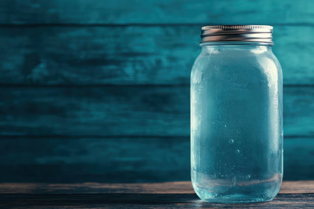 Refreshing glass jar of water on wooden tableの素材