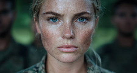 Pensive woman with freckles and blue eyesの素材