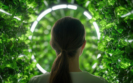 person looking through green foliage archの素材