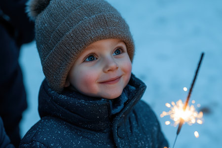 young child with winter clothing and sparklerの素材