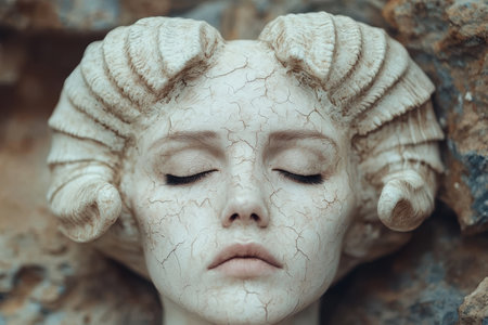 Cracked stone face with closed eyesの素材