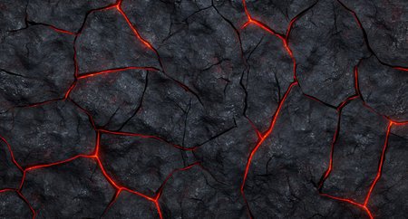 Glowing lava cracks in dark volcanic rockの素材