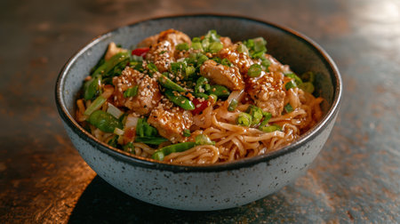 Delicious asian noodle dish with vegetables and sesame seedsの素材