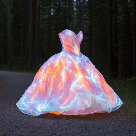 Vibrant glowing dress in forestの素材