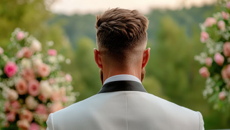 stylish man in suit stands in gardenの素材