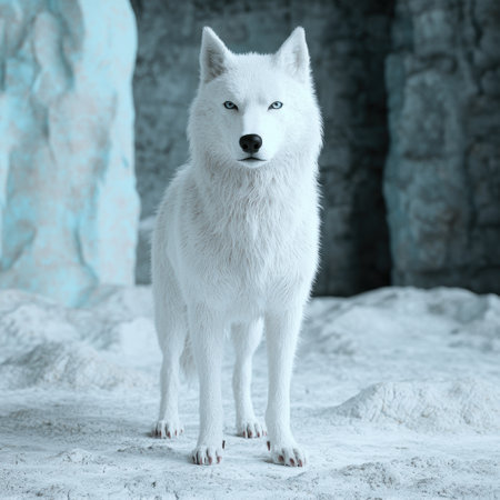 Majestic white wolf standing in snowy landscapeの素材