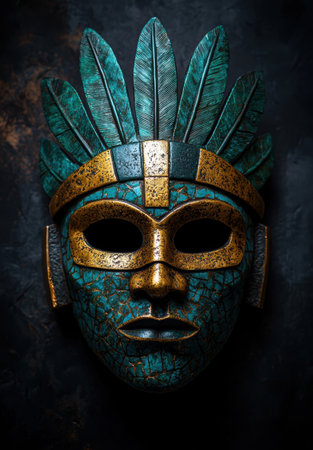 Ornate tribal mask with feathers and gold accentsの素材