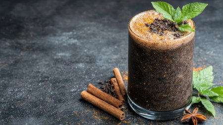 Delicious chocolate and coffee smoothie drink with cinnamon sticksの素材