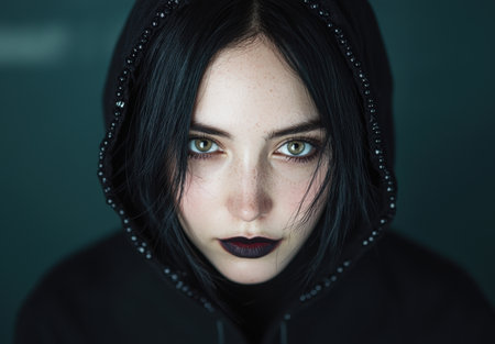 Mysterious woman in dark hooded cloakの素材