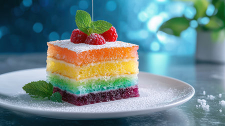 colorful layered cake with fresh raspberries and mint leavesの素材