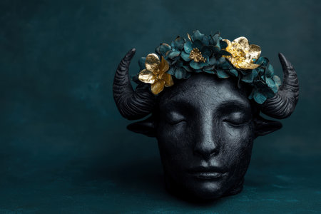 Dark floral goddess statue with golden accentsの素材