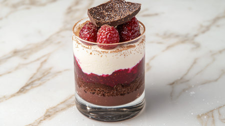 Layered chocolate and raspberry dessert in glassの素材