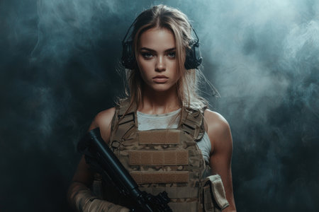 female soldier in tactical gear holding assault rifleの素材
