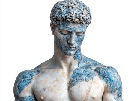Marble statue of a man with curly hair and a pensive expressionの素材