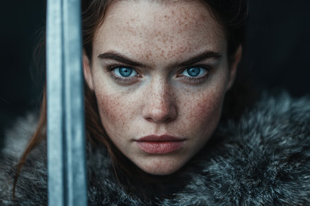 Intense gaze of a woman with freckles and blue eyesの素材