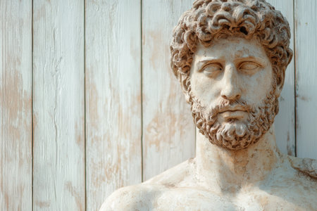Weathered stone bust of a man with curly hair and beardの素材