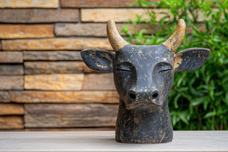 Rustic ceramic bull figurine on wooden tableの素材
