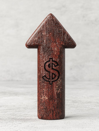 Wooden arrow pointing up with dollar sign symbolの素材