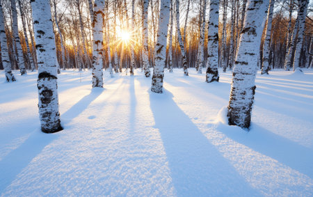 Sunset in a snowy birch forestの素材