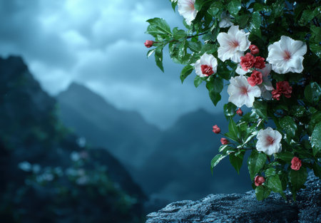 Vibrant floral arrangement in misty mountain landscapeの素材