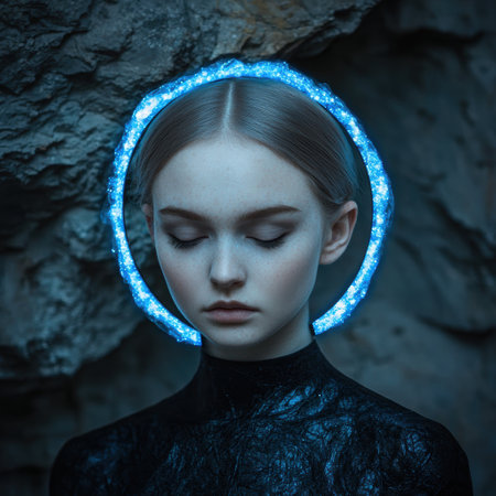 mysterious woman with glowing headpiece in dark environmentの素材
