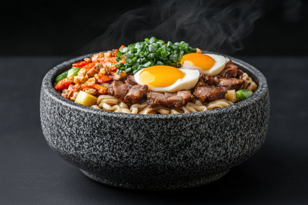 Delicious asian-inspired noodle bowl with meat, eggs, and vegetablesの素材