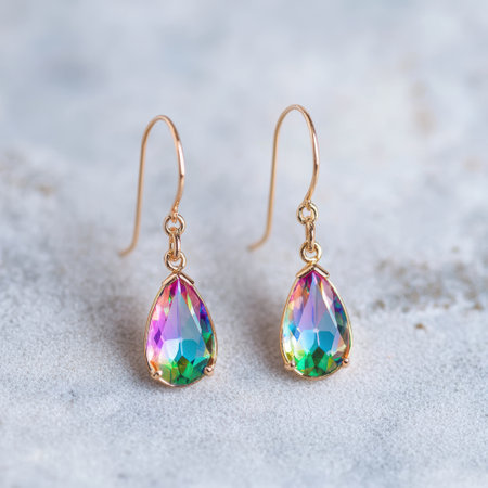 Colorful crystal earrings on a snowy backgroundの素材