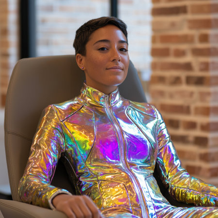 woman in colorful metallic jacket sitting in chairの素材