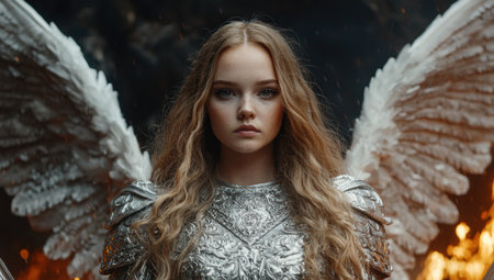 Mysterious winged woman in winter landscapeの素材