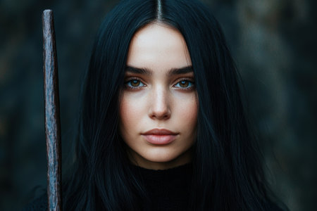 Mysterious woman with dark hair and intense gazeの素材