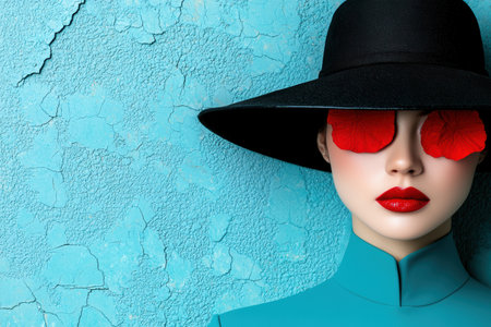 mysterious woman in black hat and red flowersの素材