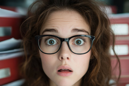 surprised woman with glassesの素材