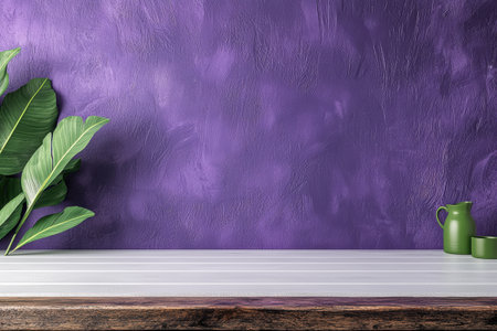 Purple wall with green leaves and ceramic vaseの素材