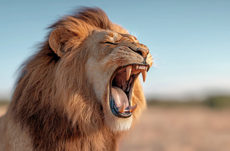 Powerful lion roaring in the wildの素材
