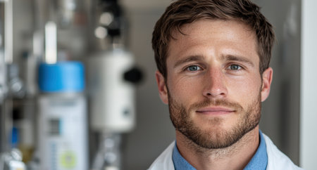 Serious young man with beard in medical uniformの素材