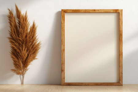 Wooden frame with blank canvas and dried pampas grassの素材