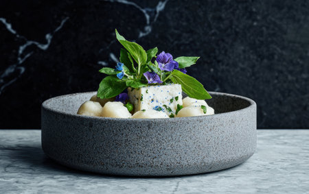 Gourmet cheese plate with fresh herbs and edible flowersの素材