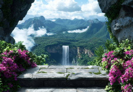 Breathtaking Waterfall Surrounded by Lush Tropical Landscapeの素材